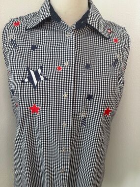 Navy white checkered cotton patriotic stars button up down sleeveless s small
